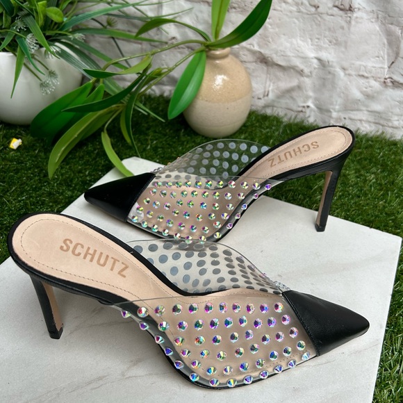 Schutz Greece Crystal Clear
Leather Mule Pumps Black/Transparente size 6.5 new - Picture 7 of 15